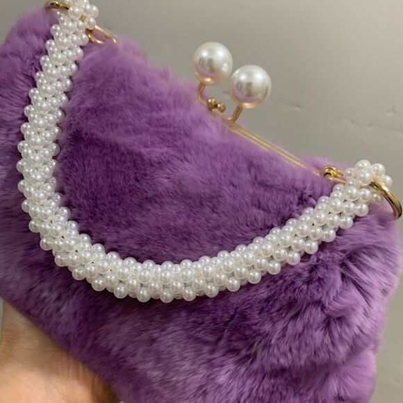 Handmade Real Rex Rabbit Fur Kisslock Wristlet/Crossbody & Mink Fur Bag Charm - Picture 15 of 16